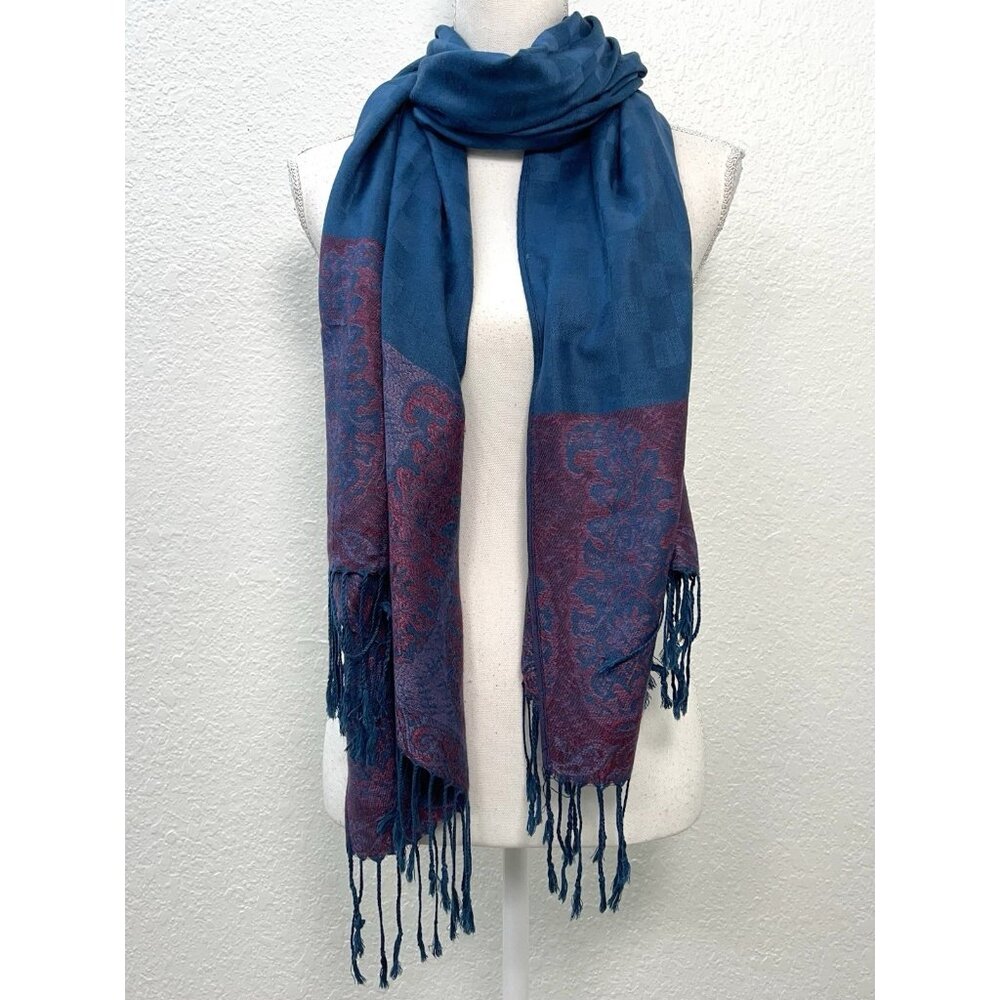 72"x27" Rectangle SCARF Teal & Pink Paisley Boho Bohemian Fringe Tassels EUC